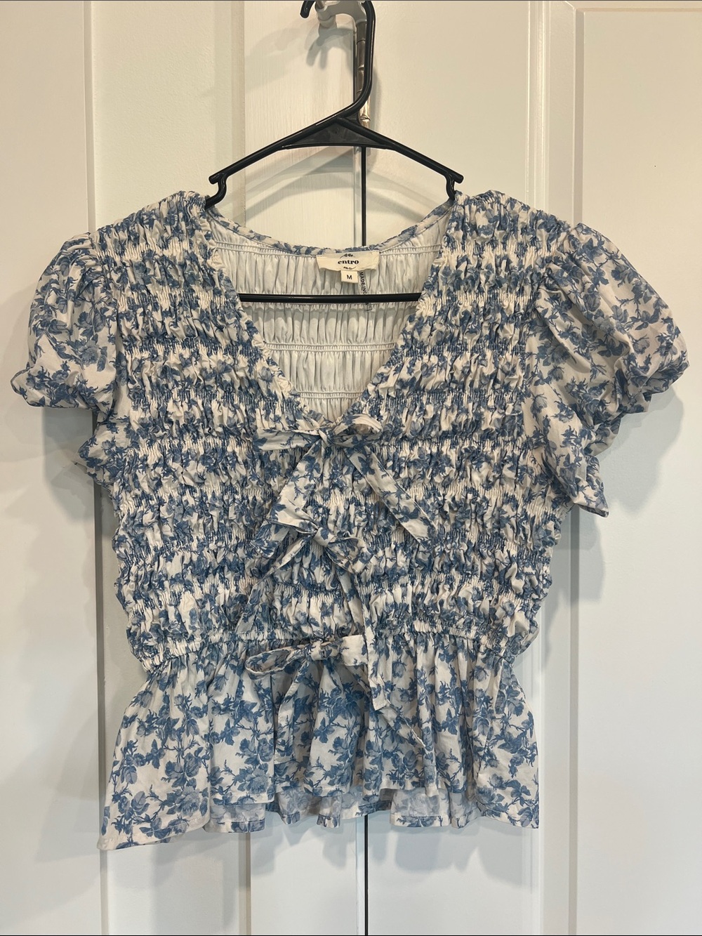 entro Blue Floral Smocked Tie-Front Peplum Top